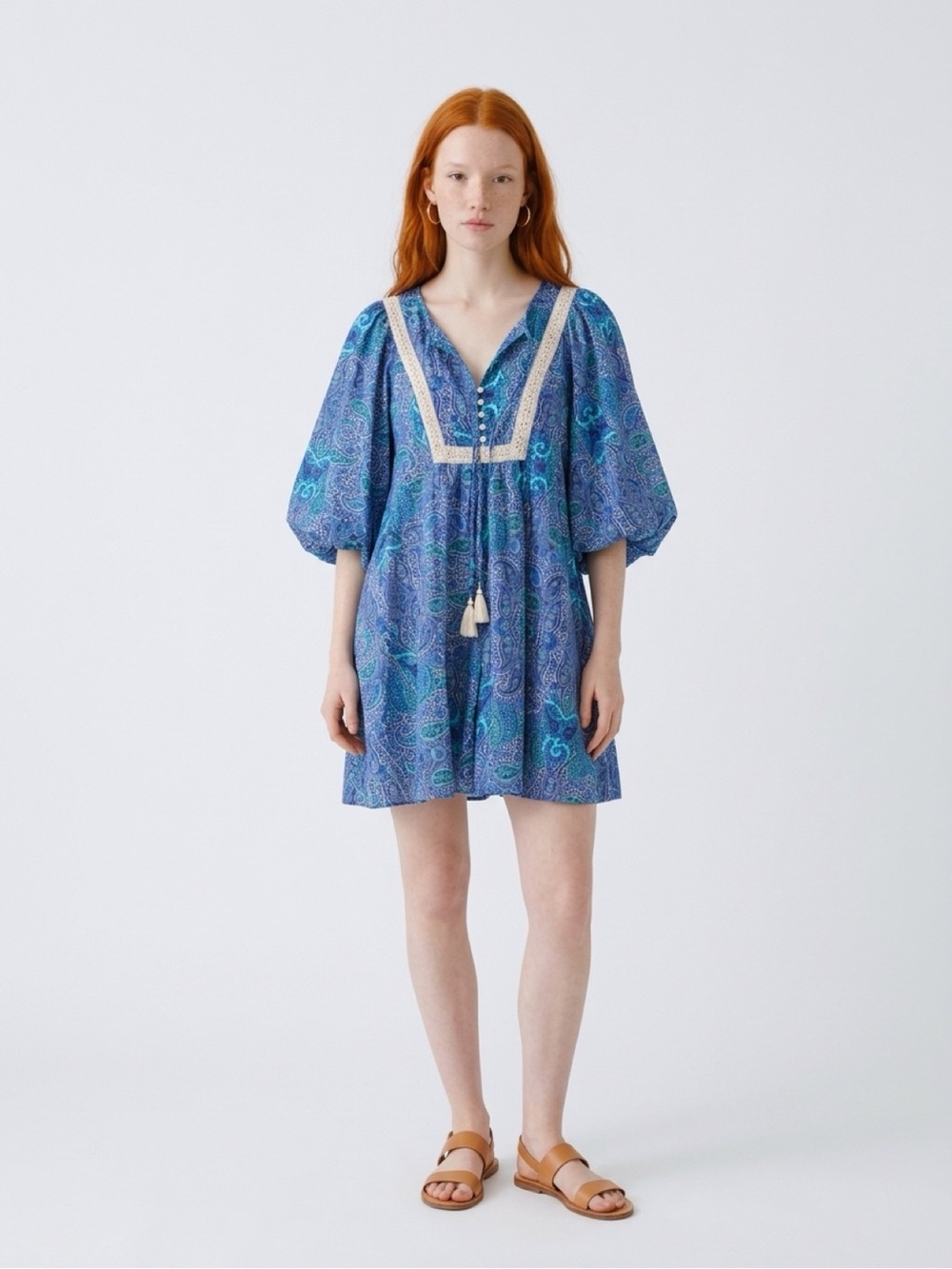 Anthropologie “Lissa Romper” Blue Paisley Crochet-Trim